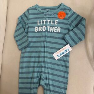 Carter's Teal Striped "Little Brother" Zipper Footie